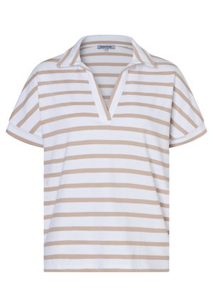 Wit T-shirt met korte mouwen met beige horizontale strepen, open V-halskraag en losse pasvorm.