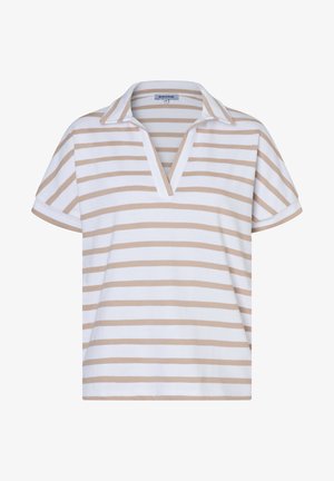 White short-sleeve shirt with beige horizontal stripes, open V-neck collar, and loose fit.
