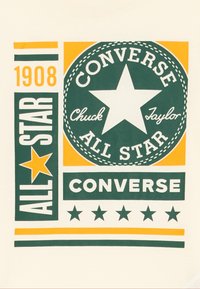 Tkanina boje krem s velikim grafičkim motivom u zelenoj i žutoj boji. Dizajn uključuje središnju zvijezdu, tekst "Converse" i "All Star", te pet zvijezdica ispod.