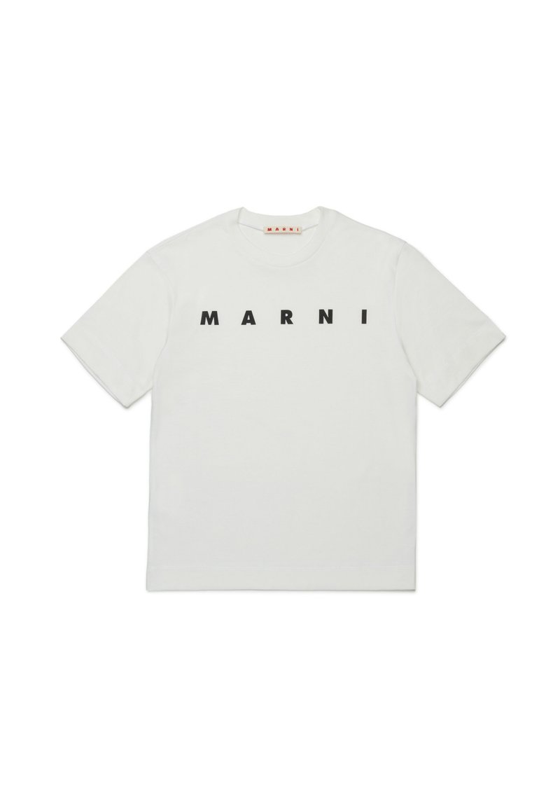 Wit katoenen T-shirt met op de voorkant het woord "MARNI" in dikke zwarte letters. Klassieke ronde hals en korte mouwen.
