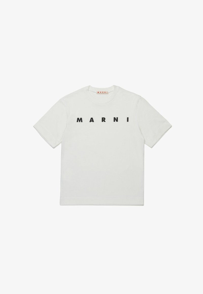 Wit katoenen T-shirt met op de voorkant het woord "MARNI" in dikke zwarte letters. Klassieke ronde hals en korte mouwen.