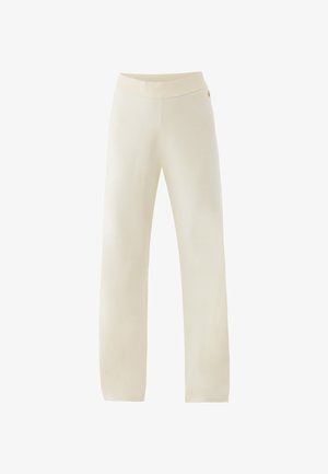 Pantalones de punto de pierna recta color crema con una alta cinturilla acanalada y un pequeño detalle de cremallera dorada en el costado.