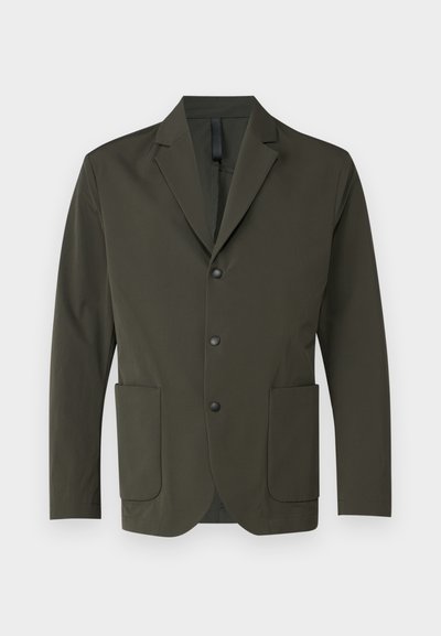 Olive green blazer made from smooth fabric, featuring a notched lapel, two front pockets, and three black buttons down the front.