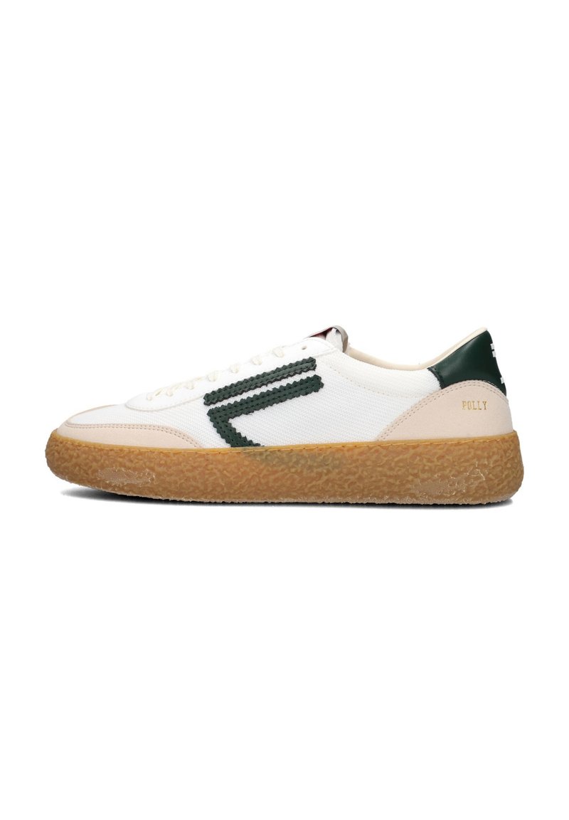 Sneaker di tessuto bianco con accenti verdi, suola in gomma e intersuola testurizzata pronunciata. Presenta un design decorativo a forma di V e il logo del marchio.