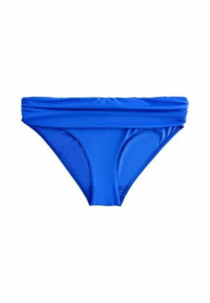 Partea de jos a unui bikini albastru pentru femei cu talie adunată, așezată plan pe fundal alb.