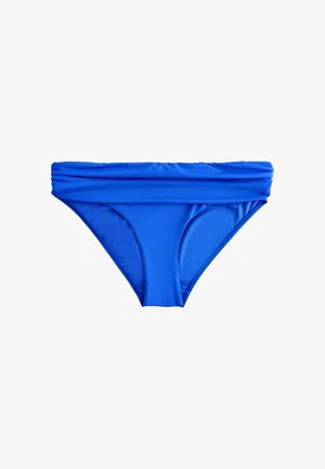 Partea de jos a unui bikini albastru pentru femei cu talie adunată, așezată plan pe fundal alb.