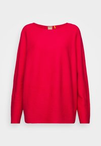 Pull rouge tricoté avec un large col, des manches longues et une coupe droite. Présente une texture côtelée subtile, étiquette portant la mention "BOSS".