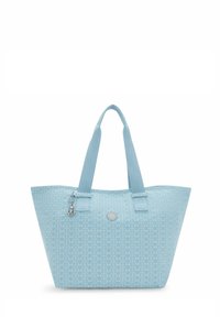 Vaaleansininen kassi, jossa on geometrinen kuvio, varustettuna kahdella tukevalla kahvalla ja korulukolla. Valmistettu teksturoidusta materiaalista, rakenteellinen muoto.