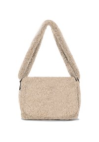 Beige faux fur skuldertaske med en bred, polstret rem, rektangulær form og lynlås lukning. Tekstureret overflade med et blødt, fluffy udseende.