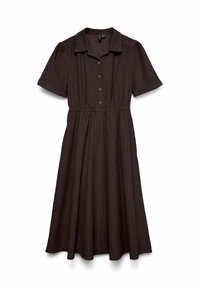 Robe courte marron à manches courtes avec un col, des boutons sur le devant, une taille élastique et une jupe fluide, fabriquée dans un tissu doux.