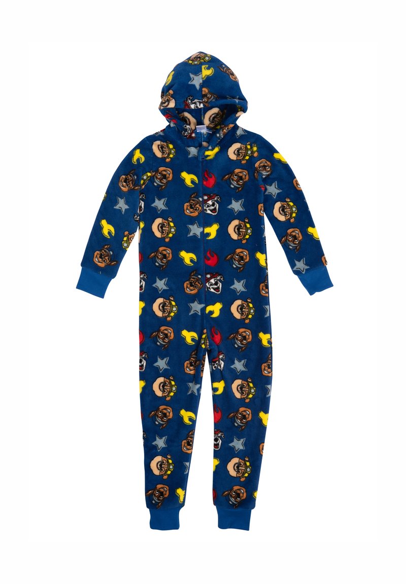 Tuta intera in pile blu con stampe di facce di personaggi dei cartoni animati, fiamme e stelle, dotata di cappuccio e polsini a costine. Chiusura frontale con zip.