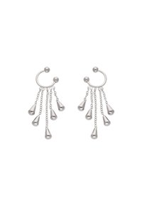 Sølv dråbeøreringe med en cirkulær ring og fem kæde-forbundne dråbeaccentuer, poleret overflade og glat finish.