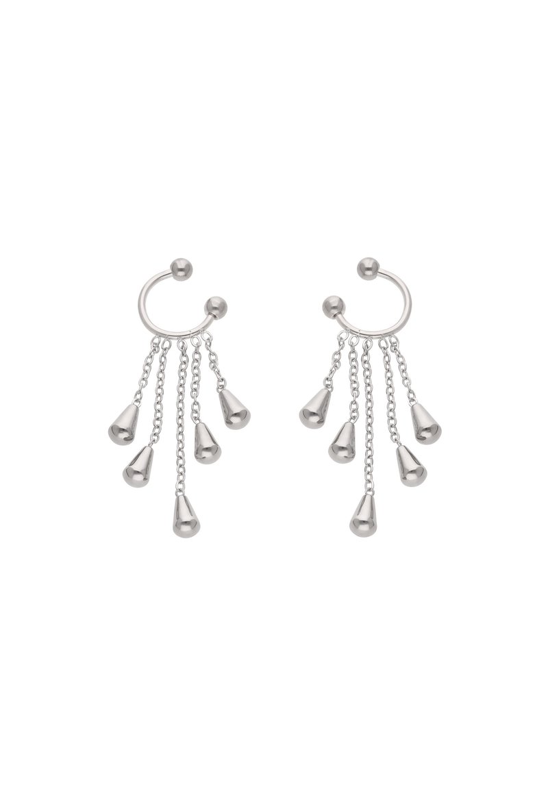 Sølv dråbeøreringe med en cirkulær ring og fem kæde-forbundne dråbeaccentuer, poleret overflade og glat finish.