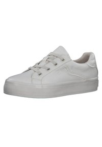 White leather sneaker with round toe, lace-up front, tonal stitching, and textured rubber sole. Smooth surface with subtle accents.