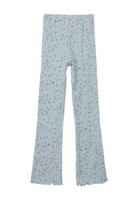 Blauwe bloemenleggings met een geribbelde structuur, aangesloten vorm en geschulpte zoom. Het patroon toont kleine, meerkleurige bloemen op een lichte achtergrond.