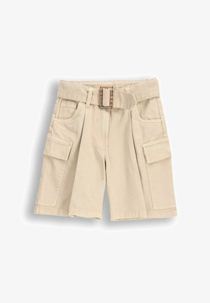 Beżowe szorty cargo z paskiem w talii. Posiadają dwie boczne kieszenie i dwie kieszenie cargo. Wykonane z trwałego materiału o teksturowanym wykończeniu.