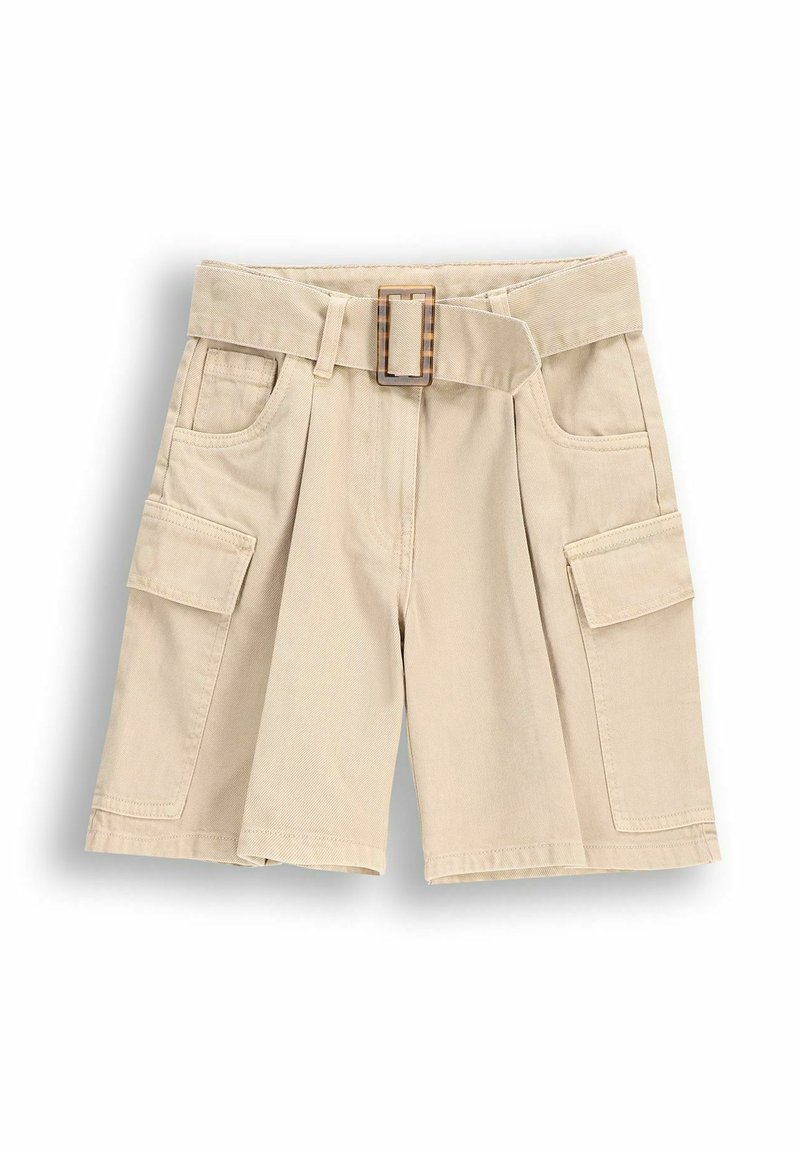 Beżowe szorty cargo z paskiem w talii. Posiadają dwie boczne kieszenie i dwie kieszenie cargo. Wykonane z trwałego materiału o teksturowanym wykończeniu.