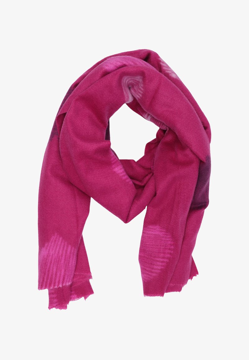 Sciarpa in tessuto morbido di un brillante colore rosa, con sottili motivi di un rosa più chiaro, drappeggiata e piegata in modo leggero, con bordi frangiati.