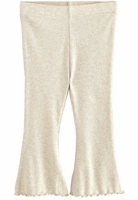 Leggings a campana color crema con texture a costine e orlo scallop. Presentano un elastico in vita e una vestibilità aderente.