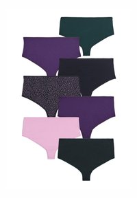 Eight pairs of women's hipster briefs in various colors: purple, green, black, and pink. Some feature solid colors, others have a dotted pattern.