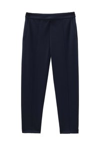 Pantaloni blu scuro con una texture liscia, dotati di due tasche laterali, una vita elasticizzata e un design a gamba affusolata.