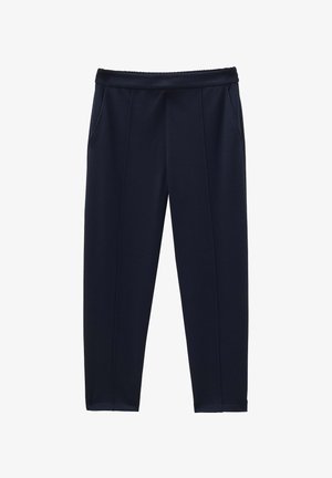 Pantalon marine avec une texture lisse, doté de deux poches latérales, d'une taille élastique et d'une coupe fuselée.