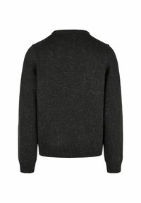 Pull en tricot noir avec un motif texturé et moucheté. Présente un col rond et des poignets et un ourlet côtelés. Vue arrière montrée.