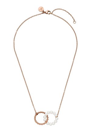 Rose gold chain necklace with two interlocking circles, one of rose gold beads, the other of white pearls, adjustable clasp closure.
