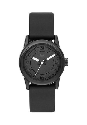 Reloj de pulsera analógico negro con esfera redonda, manecillas blancas de horas y minutos, correa negra y marcadores de hora en las posiciones de las 12, 3, 6 y 9 horas.