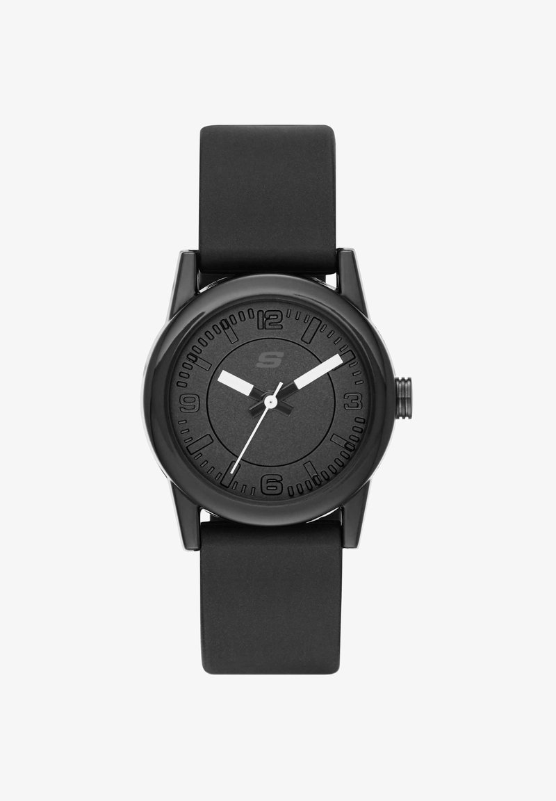 Zwart analoog horloge met ronde wijzerplaat, witte uur- en minuutwijzers, zwarte band en uurmarkeringen op de posities 12, 3, 6 en 9 uur.