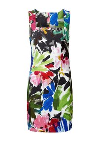 Robe sans manches à imprimé floral avec un décolleté carré, couleurs vives incluant le rose, le vert, le bleu et le noir ; tissu léger.