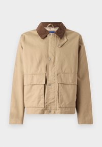 Tan jacket with a brown corduroy collar, snap closure, and two large front pockets. Made of durable fabric with a smooth texture.