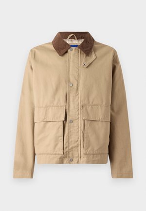 Giacca tan con colletto in corduroy marrone, chiusura a scatti e due grandi Tasca frontali. Realizzata in un tessuto resistente con una texture morbida.