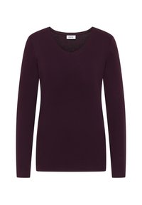 Pitkähihaisessa V-pääntie paidassa tumman violetin sävyssä, joka on valmistettu sileästä kankaasta, on vartalonmyötäinen malli ja etiketti kaula-aukossa. Saumattomat hihat ja helma.