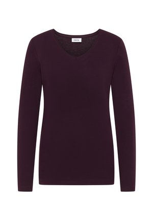 Langarm V-hals top in donkerpaars, gemaakt van gladde stof met een getailleerde vorm en een label bij de halslijn. Naadloze mouwen en zoom.