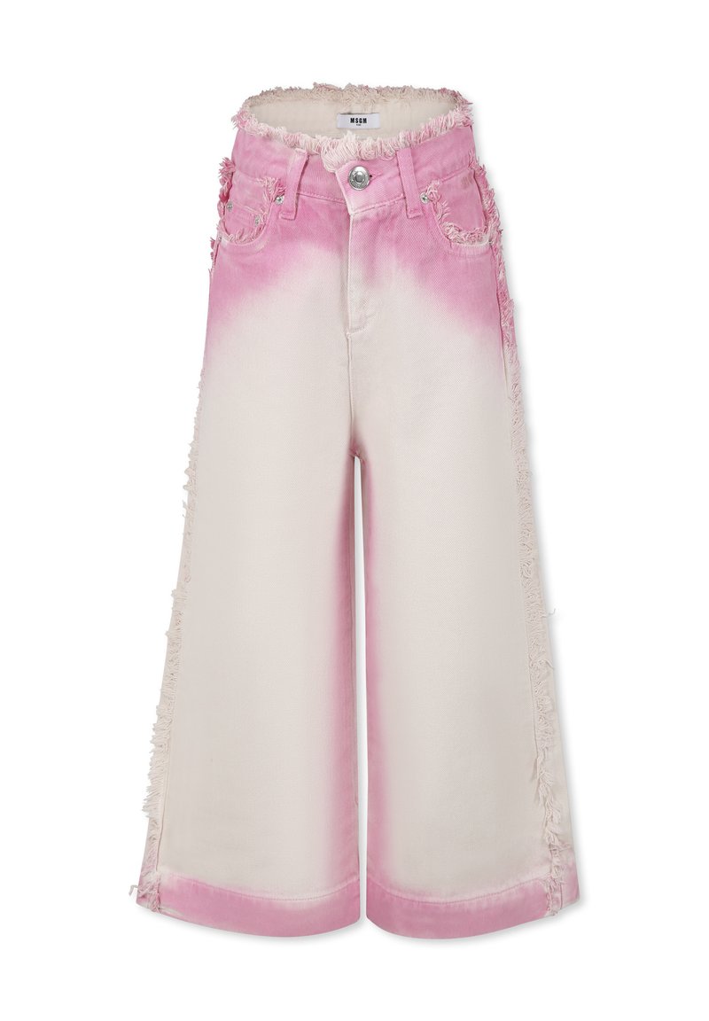 Jeans o szerokich nogawkach w gradientzie różowego do białego. Postrzępione krawędzie w pasie i na bocznych szwach. Wykonane z denimu z widocznym szwem.