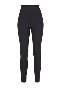 Hochgeschnittene schwarze Leggings aus elastischem Material, mit einer glatten Textur und einem figurbetonten Design ohne sichtbare Nähte oder Muster.
