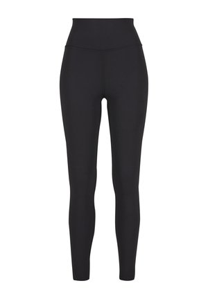 Hochgeschnittene schwarze Leggings aus elastischem Material, mit einer glatten Textur und einem figurbetonten Design ohne sichtbare Nähte oder Muster.