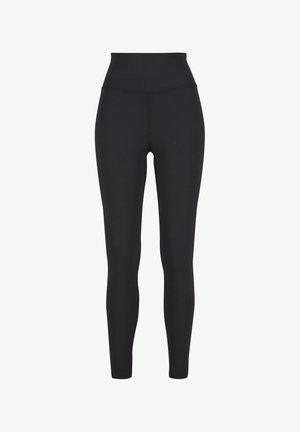 Leggings neri a vita alta realizzati in materiale elasticizzato, caratterizzati da una texture liscia e un design aderente senza cuciture o motivi visibili.