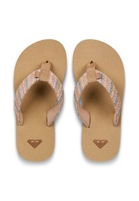 Płaskie sandały z jasnobrązową gumową podeszwą, plecionymi wielokolorowymi paskami oraz logo serca wytłoczonym na wkładce.