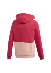 Hooded sweatshirt featuring a color-block design in dark pink and light pink. Cotton blend material with a soft texture and ribbed cuffs.