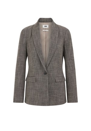 Blazer grigio realizzato in tessuto testurizzato, con colletto a revers, due tasche frontali e chiusura con un solo bottone.