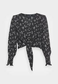 Blusa preta com um padrão floral de flores brancas e bolinhas, mangas longas com punhos em babados e um detalhe de nó na frente.