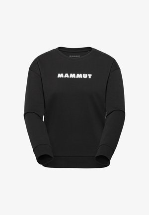 Czarna bluza z długim rękawem i okrągłym dekoltem, na środku klatki piersiowej białe logo "MAMMUT".