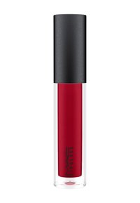 Gloss à lèvres liquide rouge dans un tube transparent avec un capuchon noir, arborant l'étiquette "MAC Lipglass" en lettres argentées. Texture lisse, finition brillante.