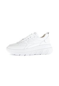 White sneaker with a thick sole, made of smooth synthetic material. Features a padded collar, lace-up design, and subtle stitching details.