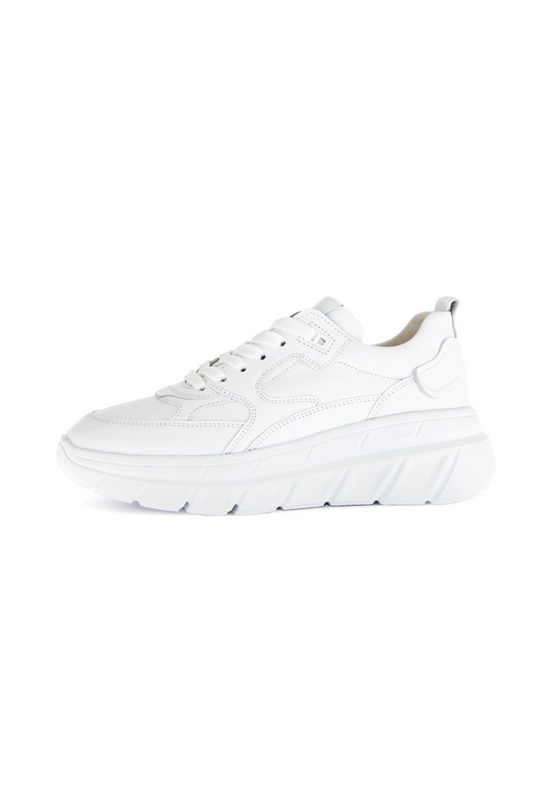 White sneaker with a thick sole, made of smooth synthetic material. Features a padded collar, lace-up design, and subtle stitching details.