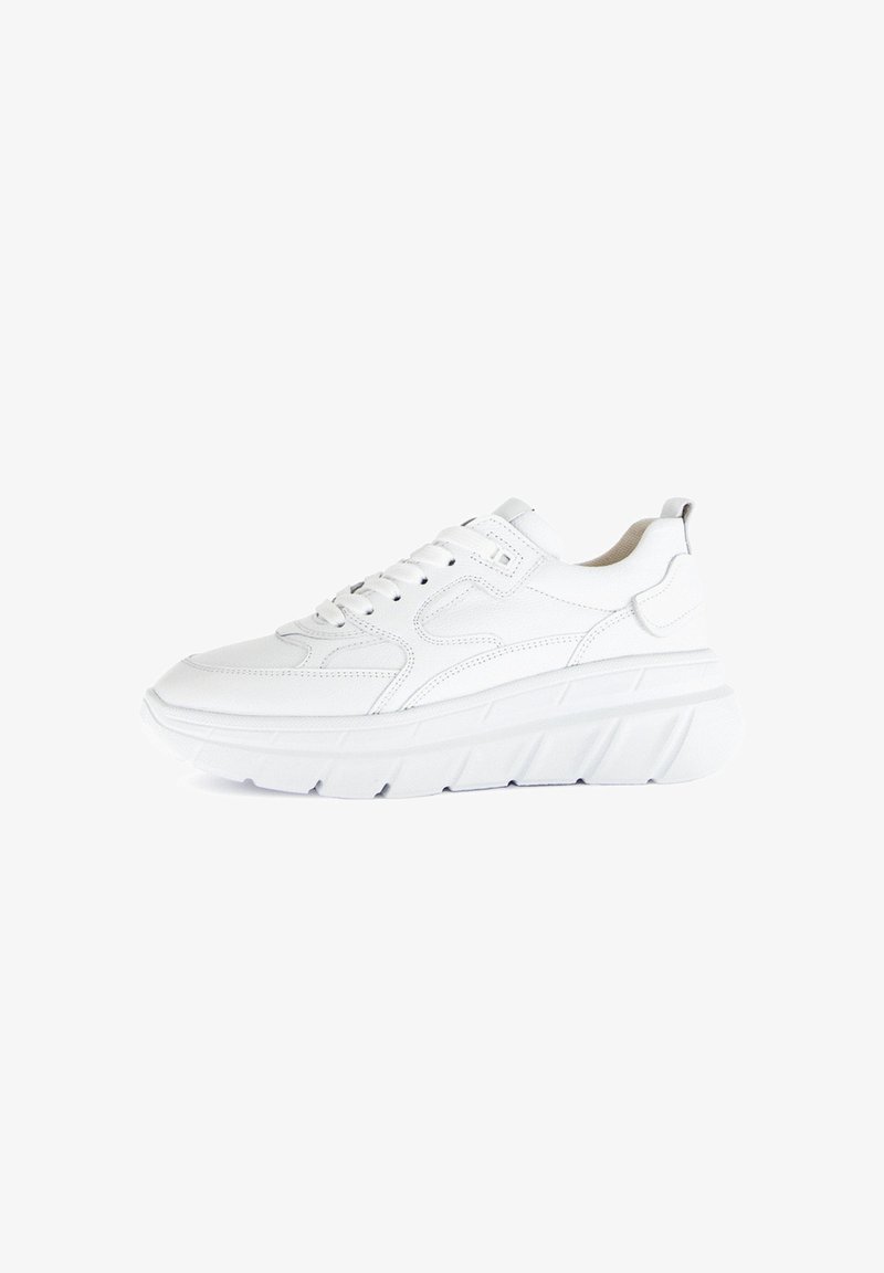 White sneaker with a thick sole, made of smooth synthetic material. Features a padded collar, lace-up design, and subtle stitching details.