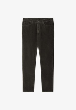 Donkergrijze fluwelen broek met voordoelen, riemlussen en een knoopsluiting, plat weergegeven op een witte achtergrond.