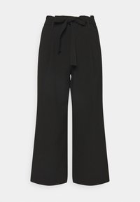 Zwarte wijde broek met een hoge tailleband en een gestrikt ceintuur. Gemaakt van een soepele stof, met een gestructureerde uitstraling en strakke lijnen.